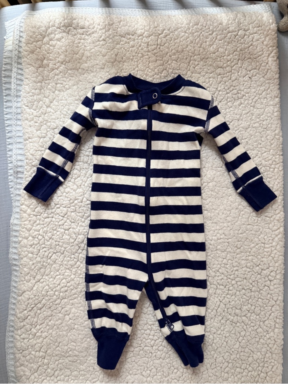 Hanna Andersson Navy and Cream Striped Zip on Onesie 3-6M